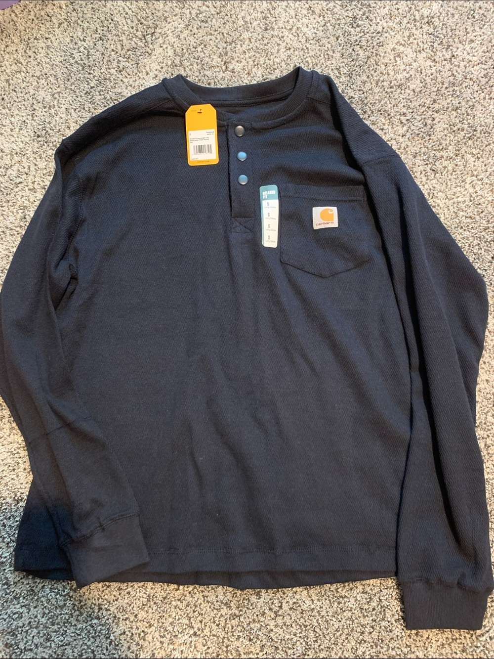 Carhartt Navy Long-Sleeve waffle Henley with Chest Pocket